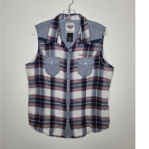 Harley Davidson plaid pearl snap sleeveless button down shirt - XL - Picture 1 of 7